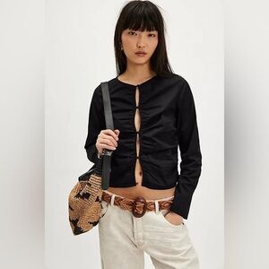 NWOT Free People Kaia Longe Sleeve Black Top Button Front Keyhole Opening